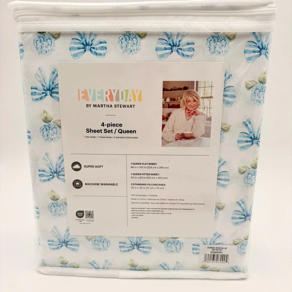 Martha Stewart Everyday Queen 4‎ Piece Sheet Set Donna Bow Blue Hydrangea Floral